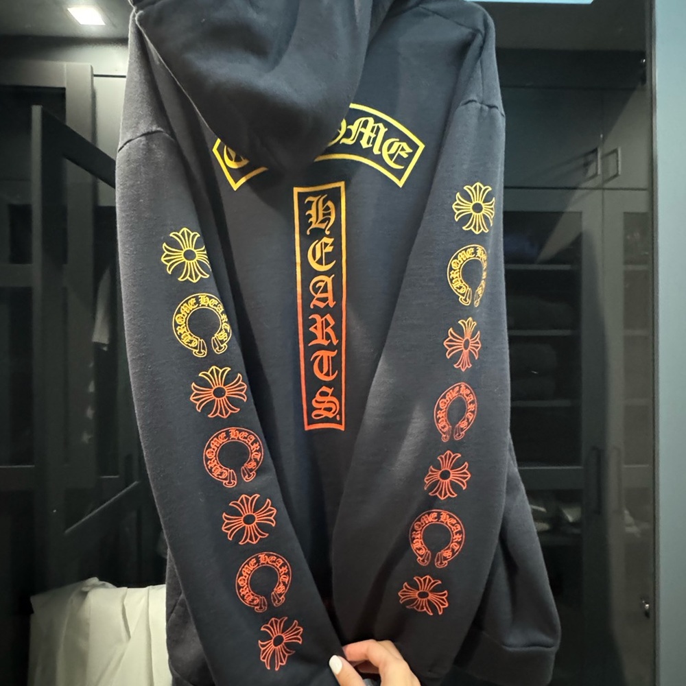 Chrome hearts men Black Graphic Hoodie with orange yellow sleeve  Designs